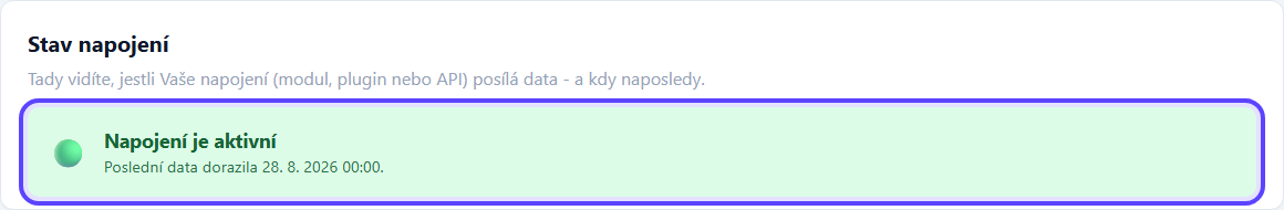 Trackless - aktivní napojení a poslední přijatá data po instalaci pluginu