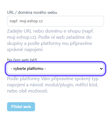 Trackless - volbu platformy při přidání nového webu do Trackless