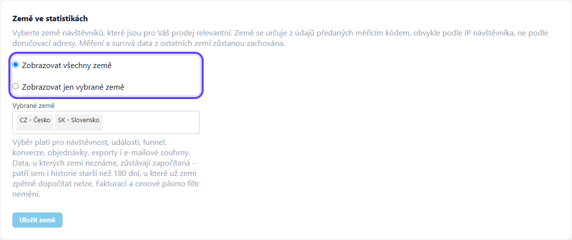 Trackless - nastavení zemí zahrnutých do statistik